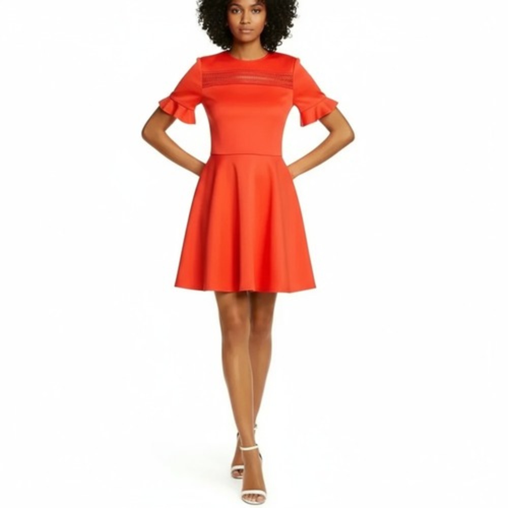 Ted Baker Fit & Flare Dress Women Size 1 Red Excellent Ruffle Sleeve Lace Skater